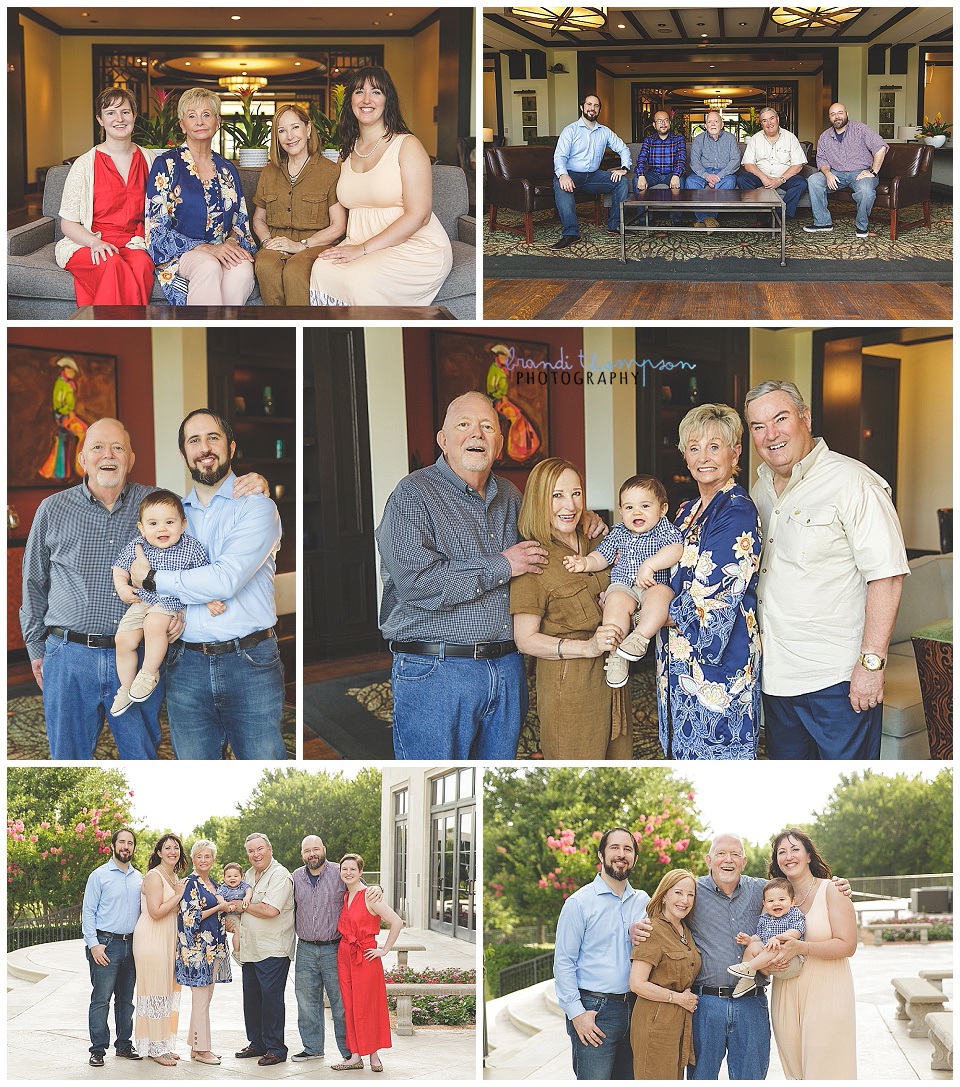 extended family session with two sets of grandparents in frisco, tx at a hotel