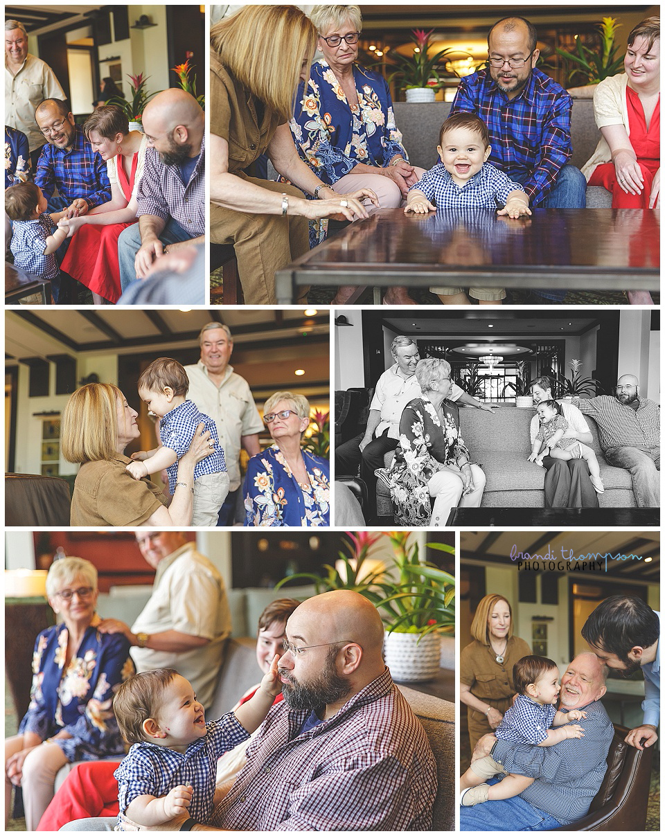 extended family session with two sets of grandparents in frisco, tx at a hotel