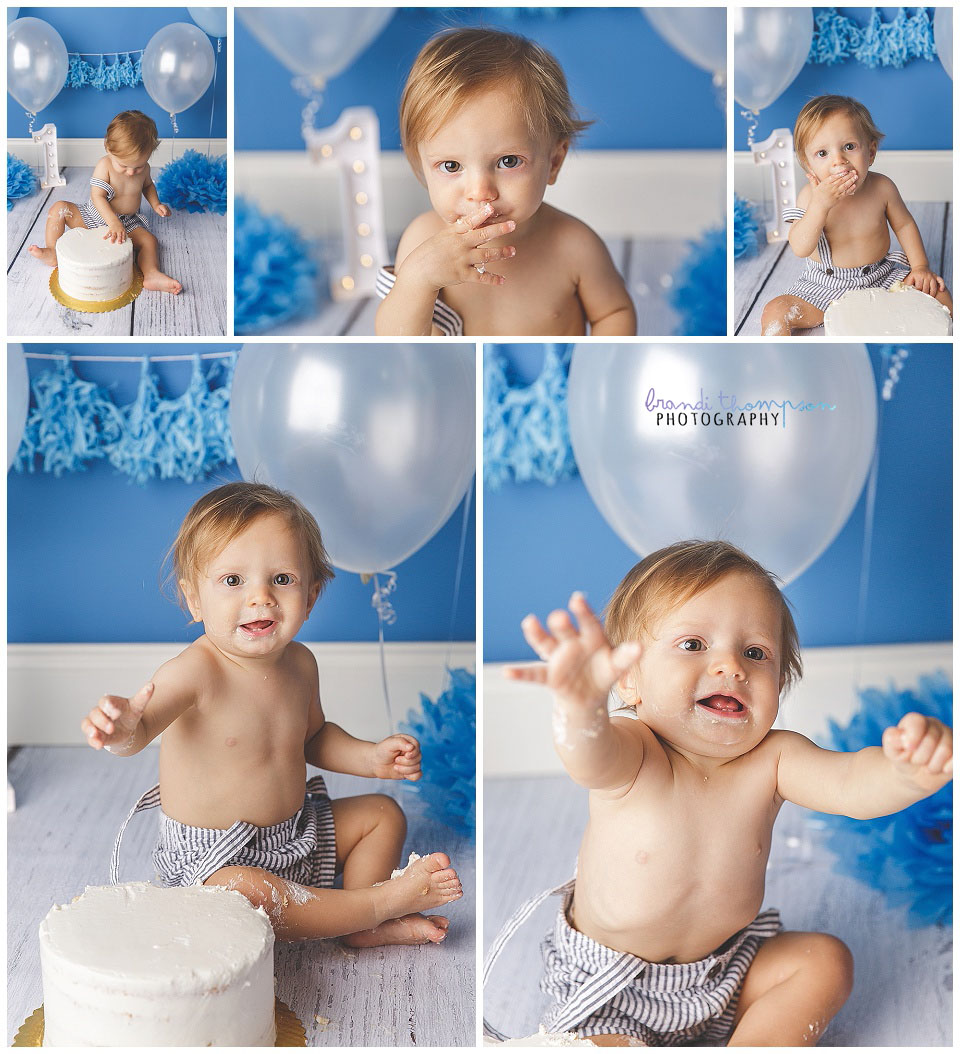 cake smash for one year old boy with shades of blue in plano, tx studio