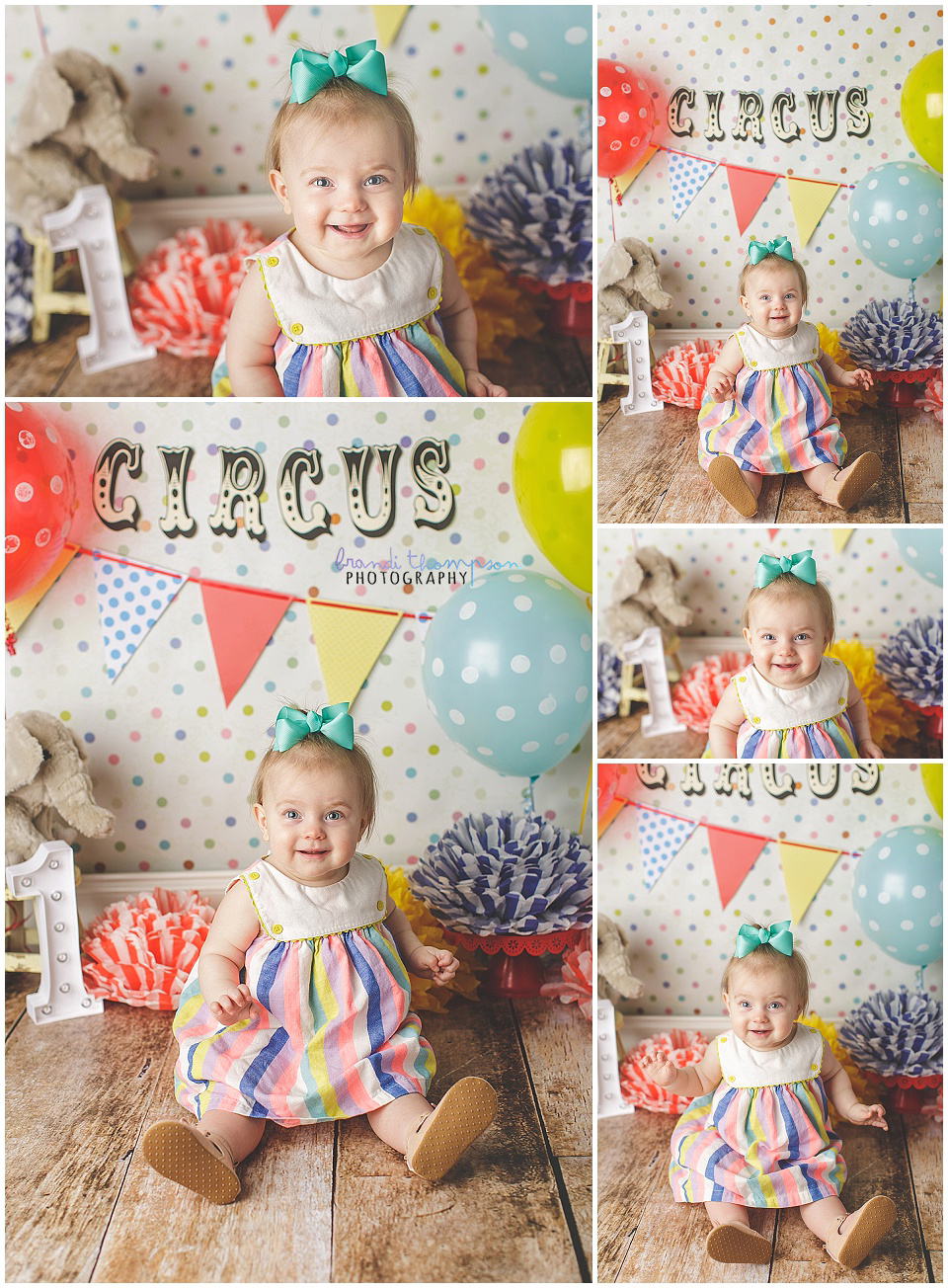 vintage circus themed cake smash in a plano tx photography studio with a baby girl in a striped dress