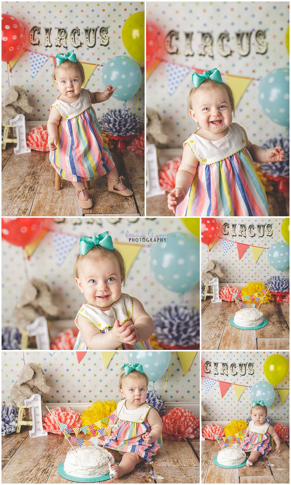 vintage circus themed cake smash in a plano tx photography studio with a baby girl in a striped dress