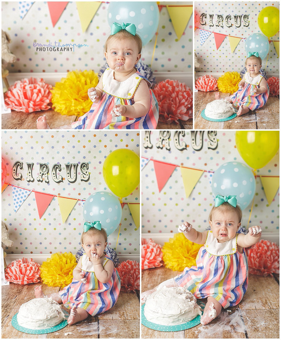 vintage circus themed cake smash in a plano tx photography studio with a baby girl in a striped dress