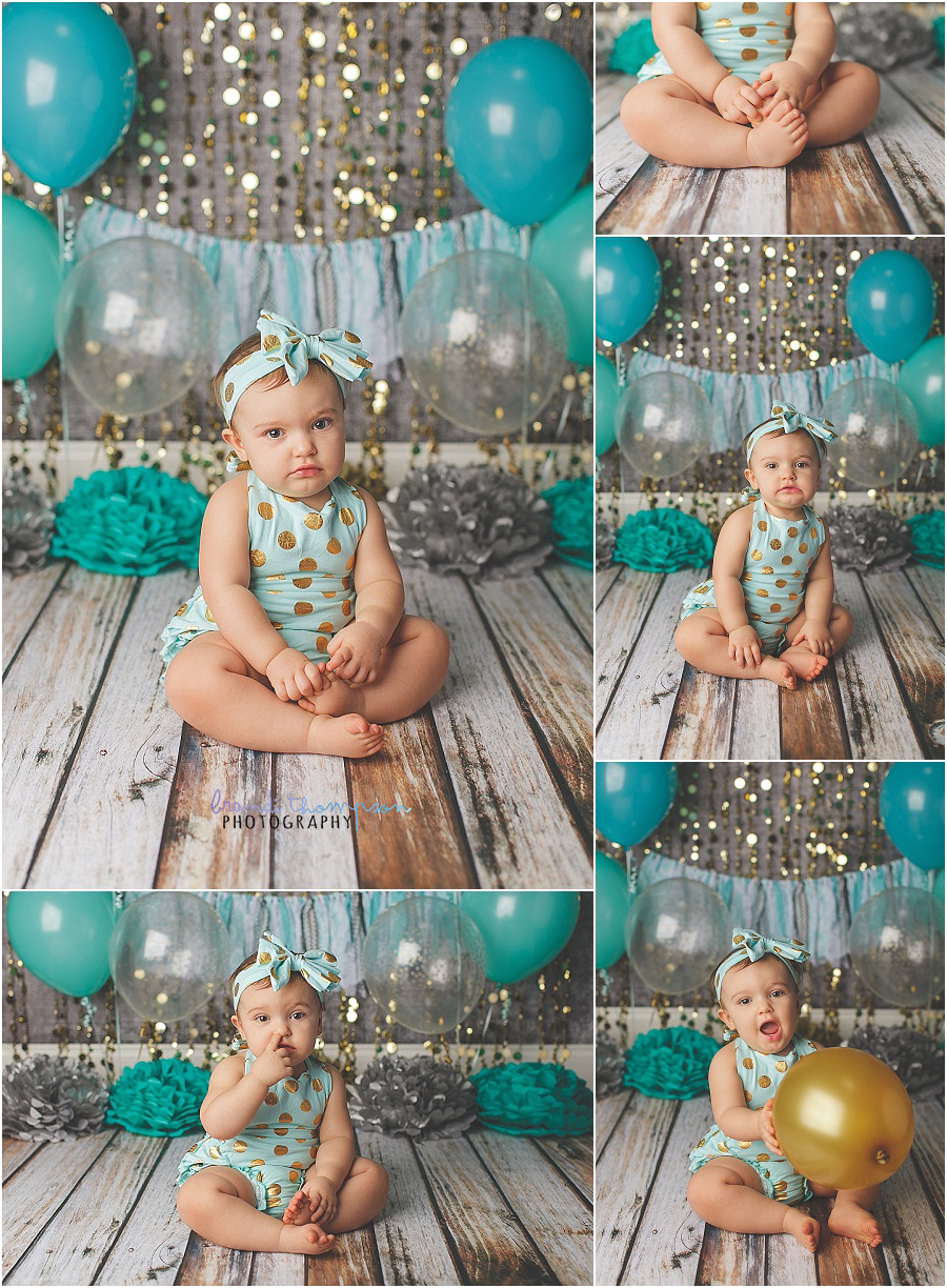 plano first birthday cake smash in studio with aqua and gold romper