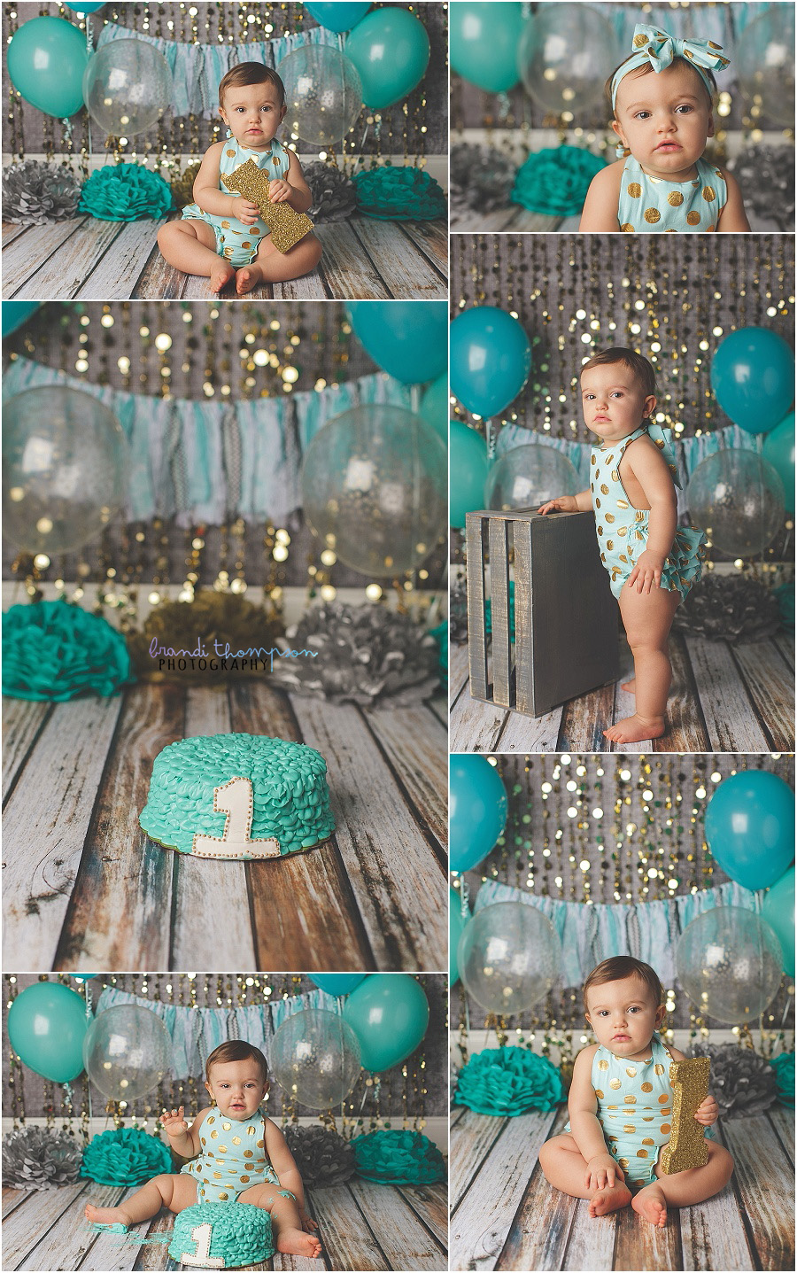 plano first birthday cake smash in studio with aqua and gold romper