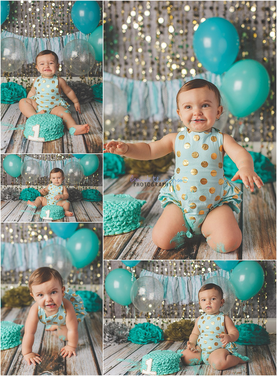 plano first birthday cake smash in studio with aqua and gold romper