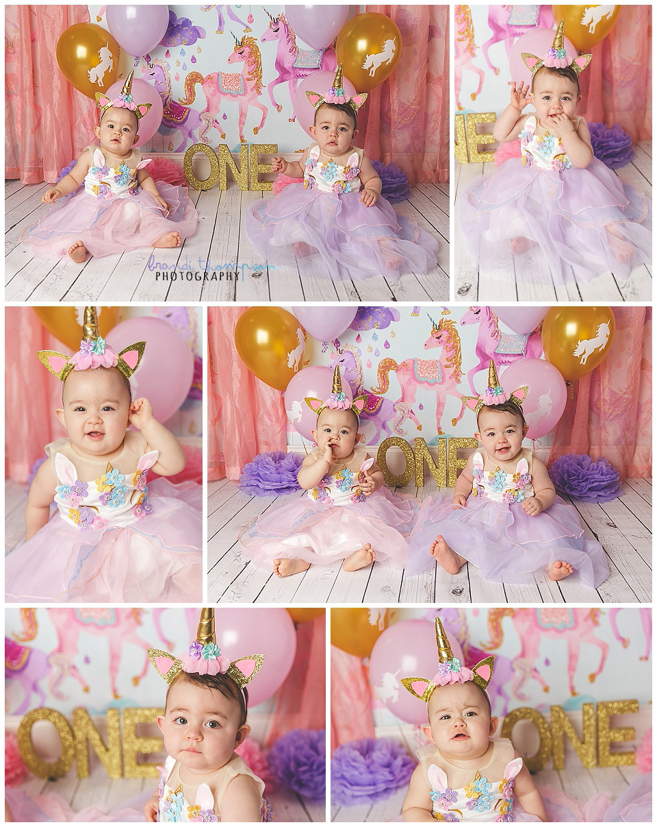 unicorn twin cake smash with baby girls in pink, purple and gold