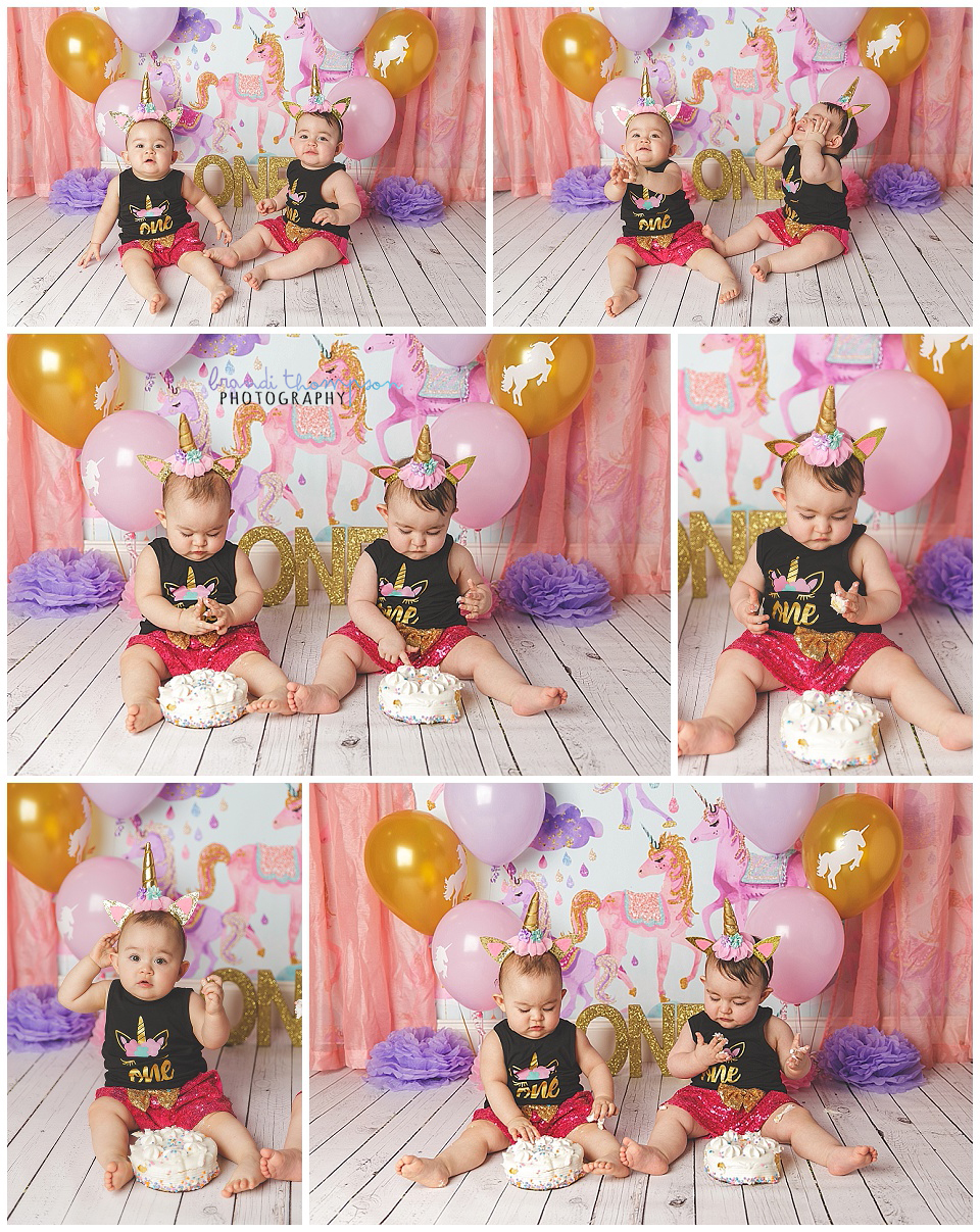 unicorn twin cake smash with baby girls in pink, purple and gold