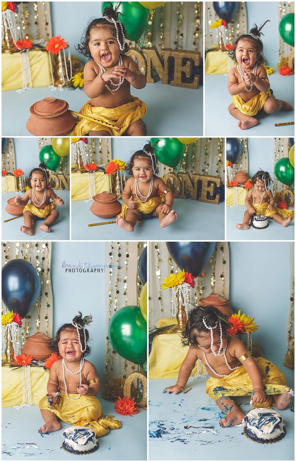 Krishna Janmashtami themed first birthday cake smash in plano, tx photography studio