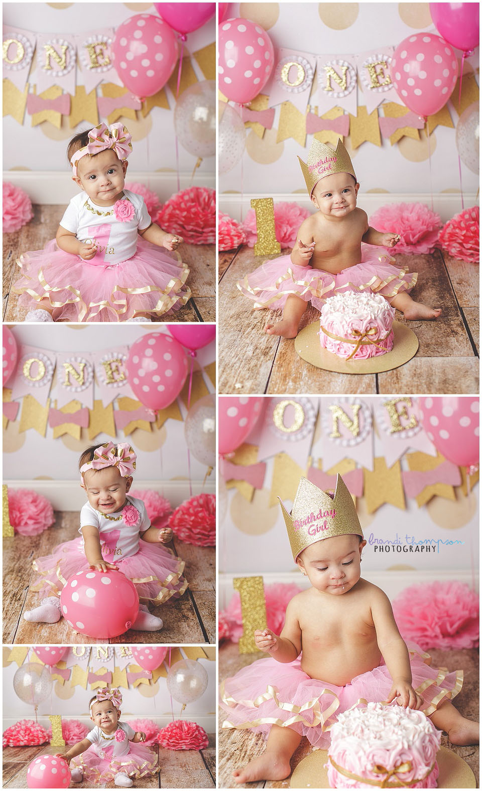 pink and gold cake smash session in plano photography studio