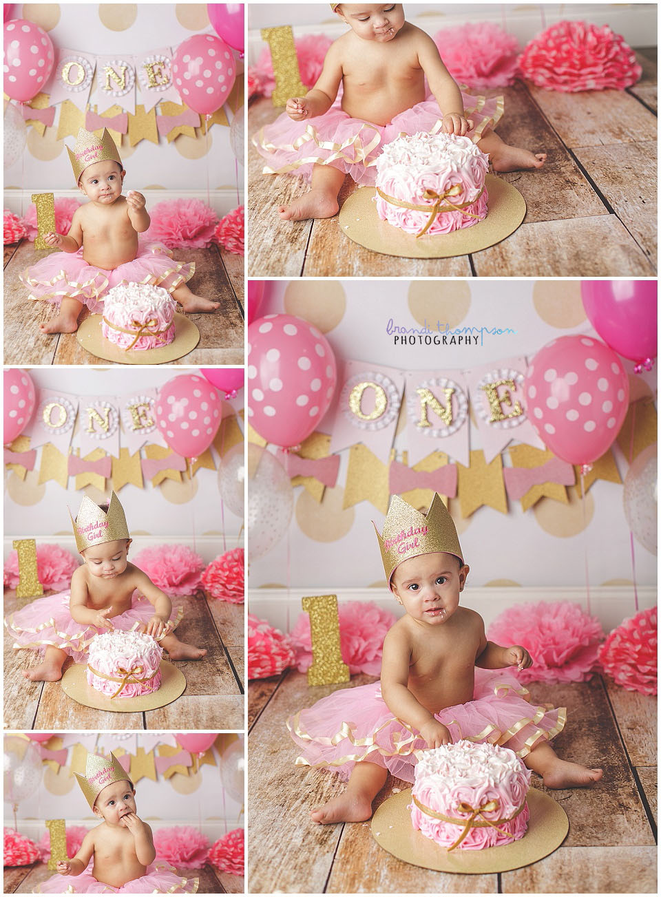 pink and gold cake smash session in plano photography studio