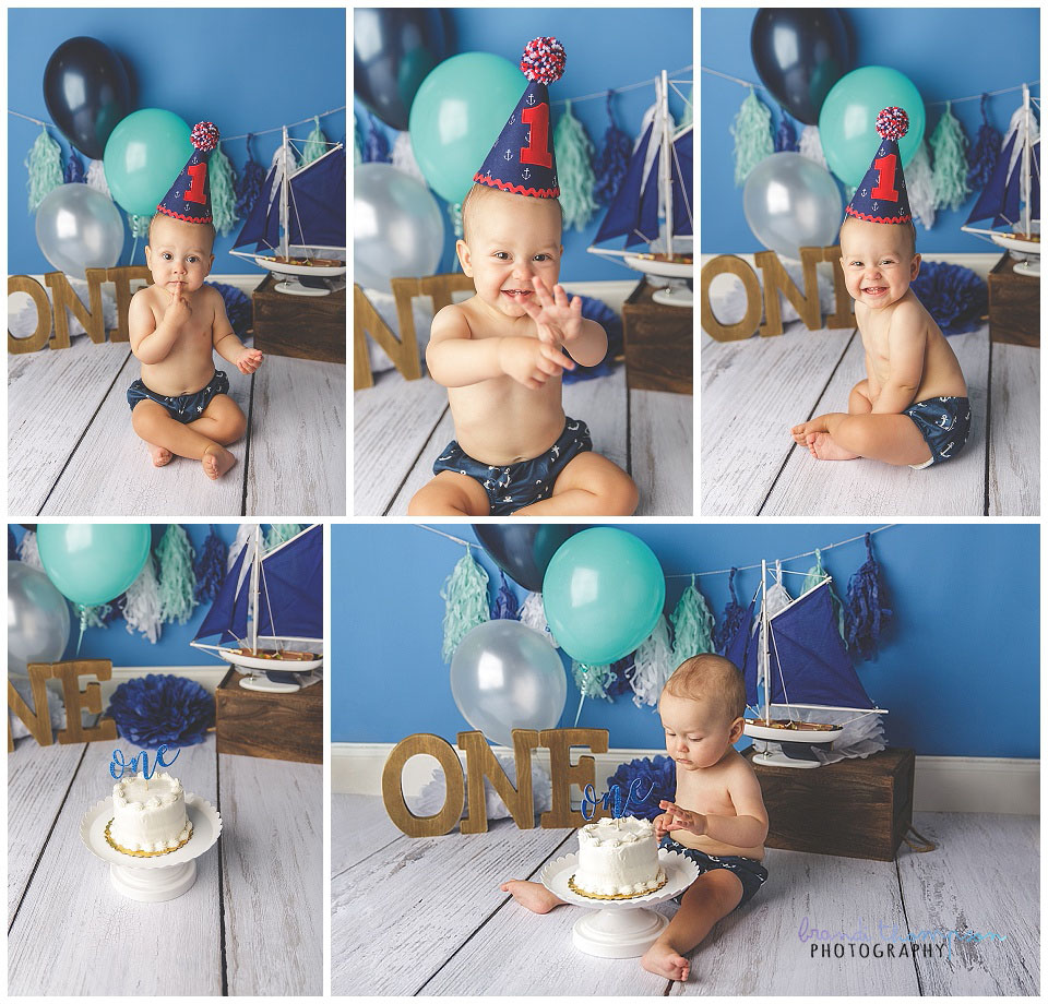 nautical themed cake smash with baby boy in plano, tx photography studio