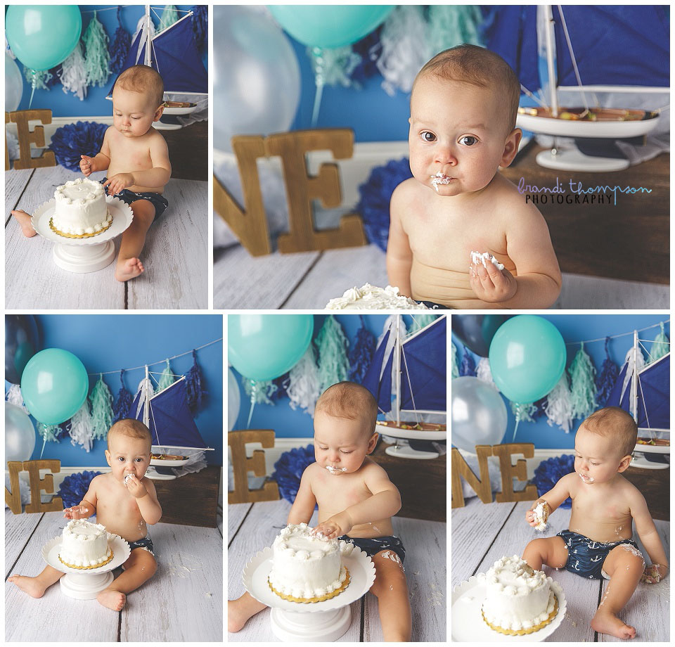 nautical themed cake smash with baby boy in plano, tx photography studio