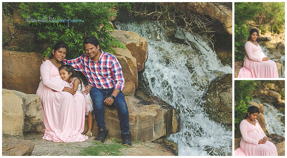 outdoor maternity session, plano, frisco, mom in long pink dress and young daughter