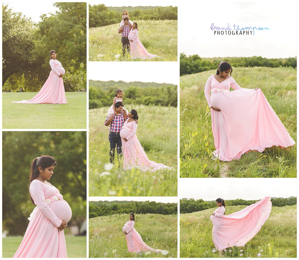 outdoor maternity session, plano, frisco, mom in long pink dress and young daughter