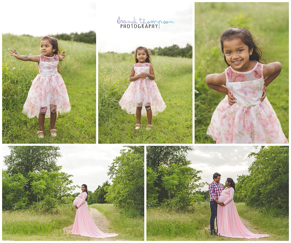 outdoor maternity session, plano, frisco, mom in long pink dress and young daughter