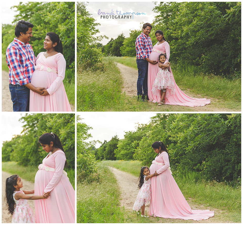 outdoor maternity session, plano, frisco, mom in long pink dress and young daughter