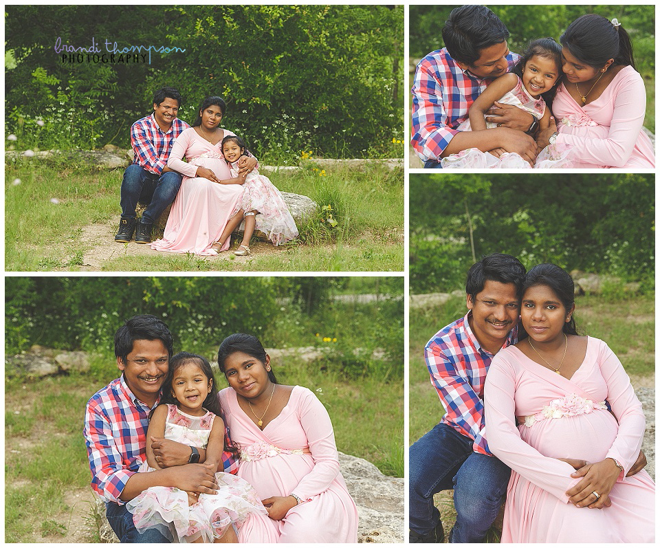 outdoor maternity session, plano, frisco, mom in long pink dress and young daughter