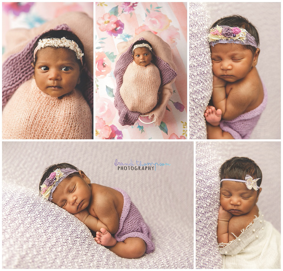 newborn session with baby girl in plano, tx studio with shades of pink, mauve and purple