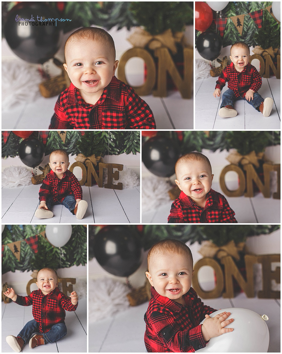 red and black buffalo plaid lumberjack theme cake smash in a plano photography studio with a one year old boy