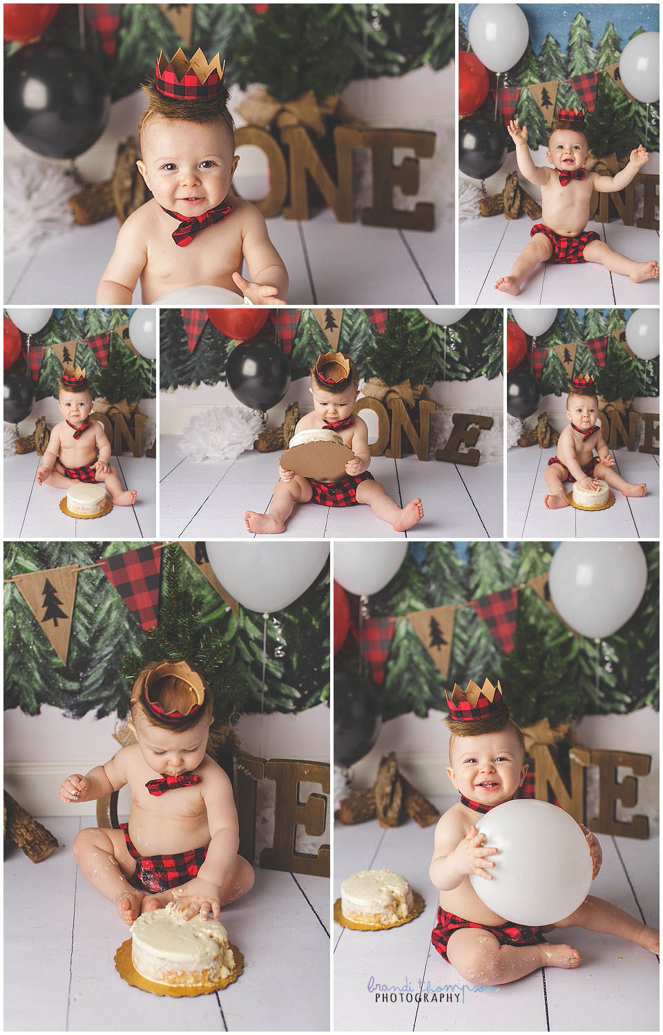 red and black buffalo plaid lumberjack theme cake smash in a plano photography studio with a one year old boy