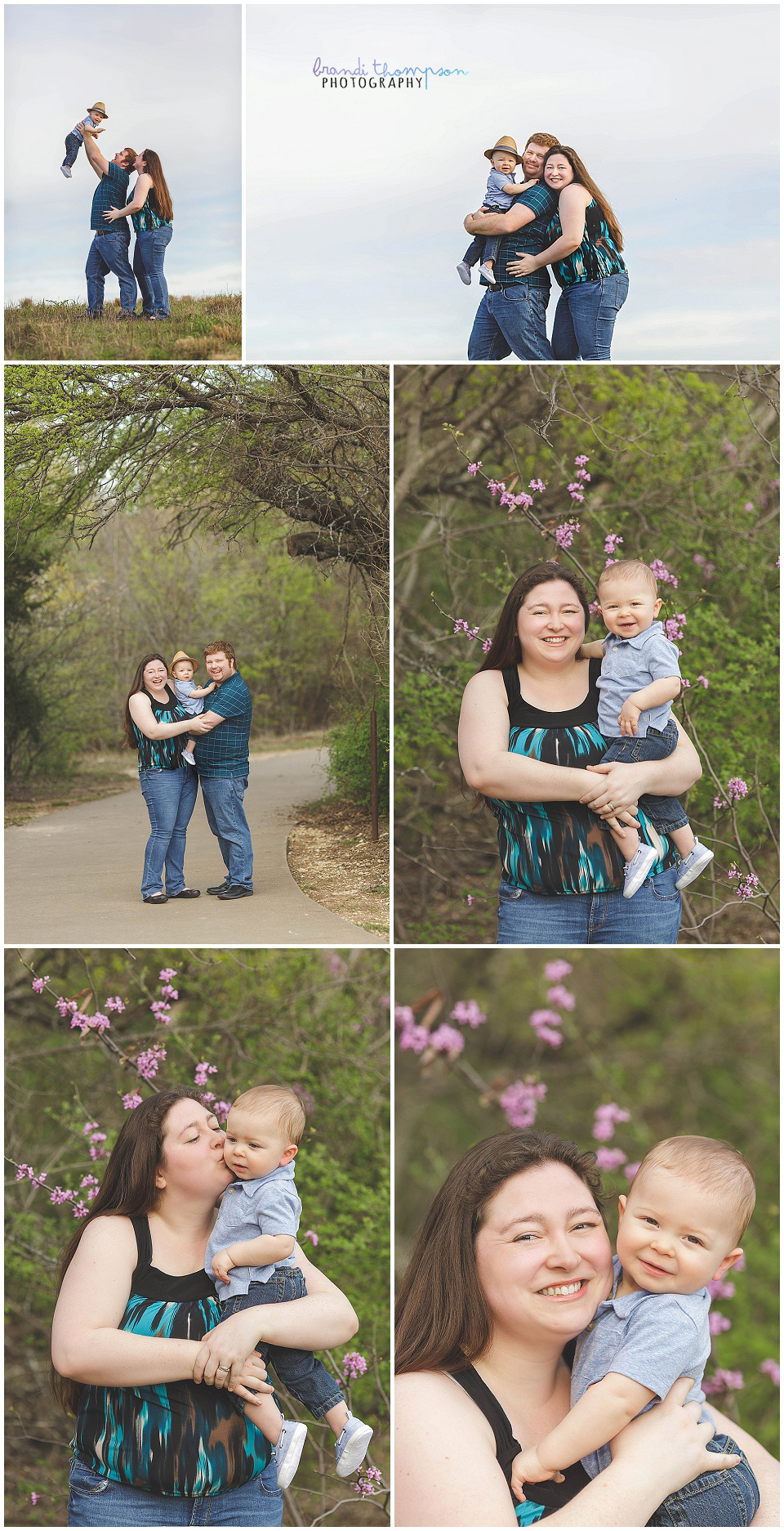 outdoor family photos at arbor hills nature preserve in Plano,TX with a one year old boy