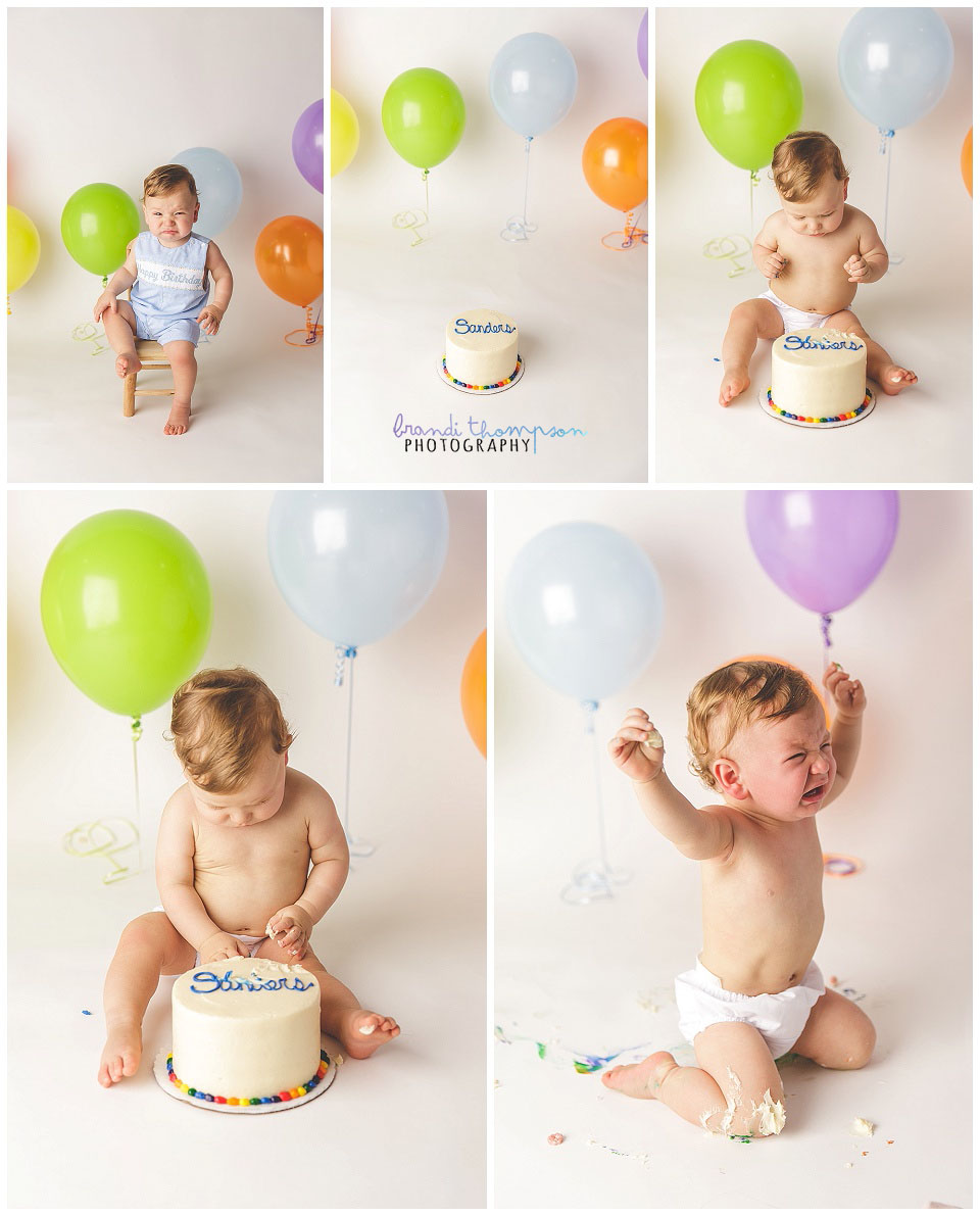 minimalist cake smash with multicolored balloons and baby boy, in plano, tx studio