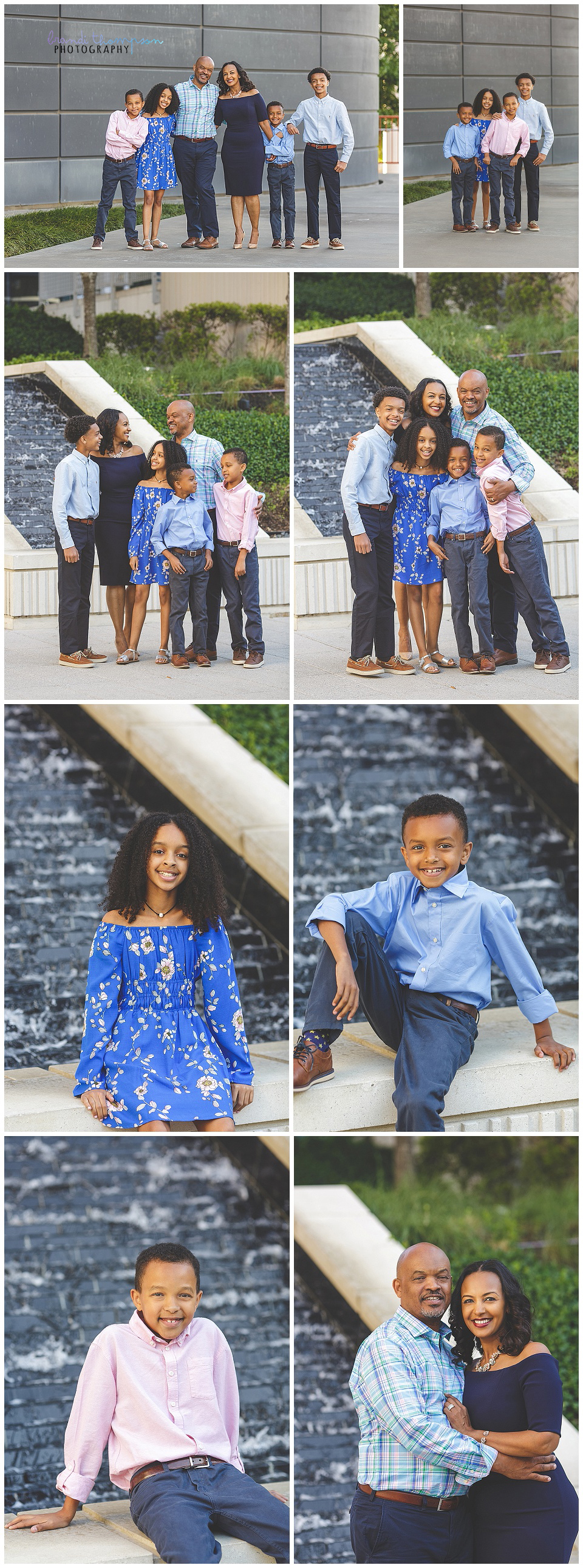 family of six in downtown Dallas arts district, dressed in shades of blue