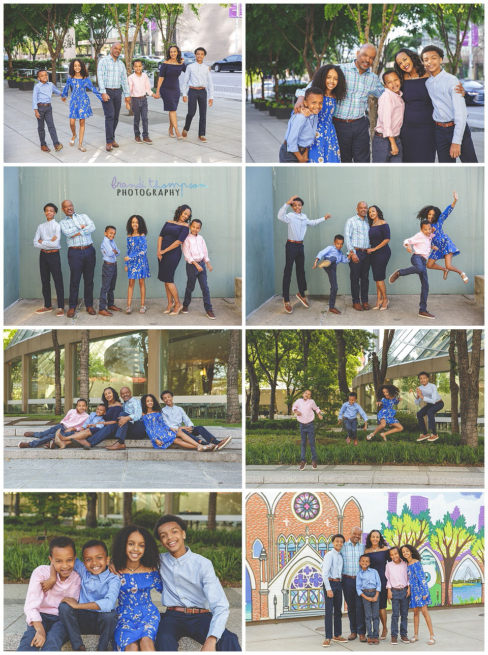 family of six in downtown Dallas arts district, dressed in shades of blue