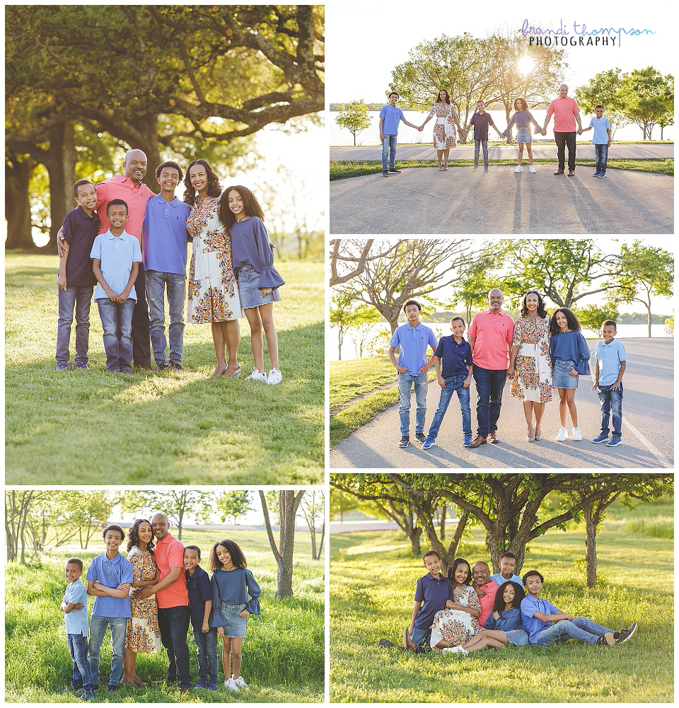 family of six by White Rock lake, outdoors with sunshine and green trees, Dallas, TX