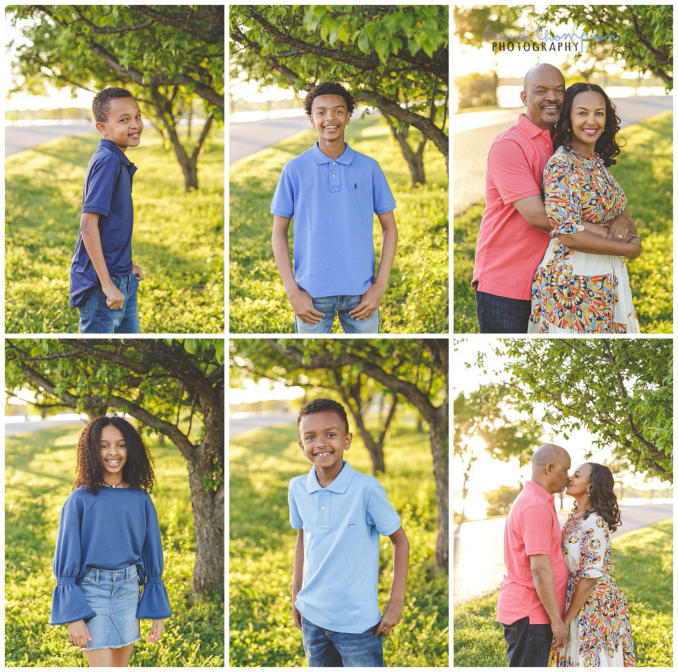 family of six by White Rock lake, outdoors with sunshine and green trees, Dallas, TX