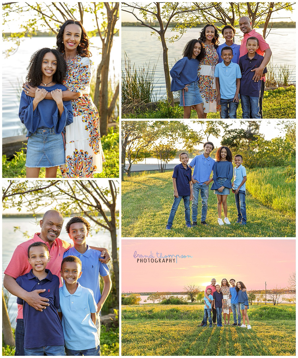 family of six by White Rock lake, outdoors with sunshine and green trees, Dallas, TX