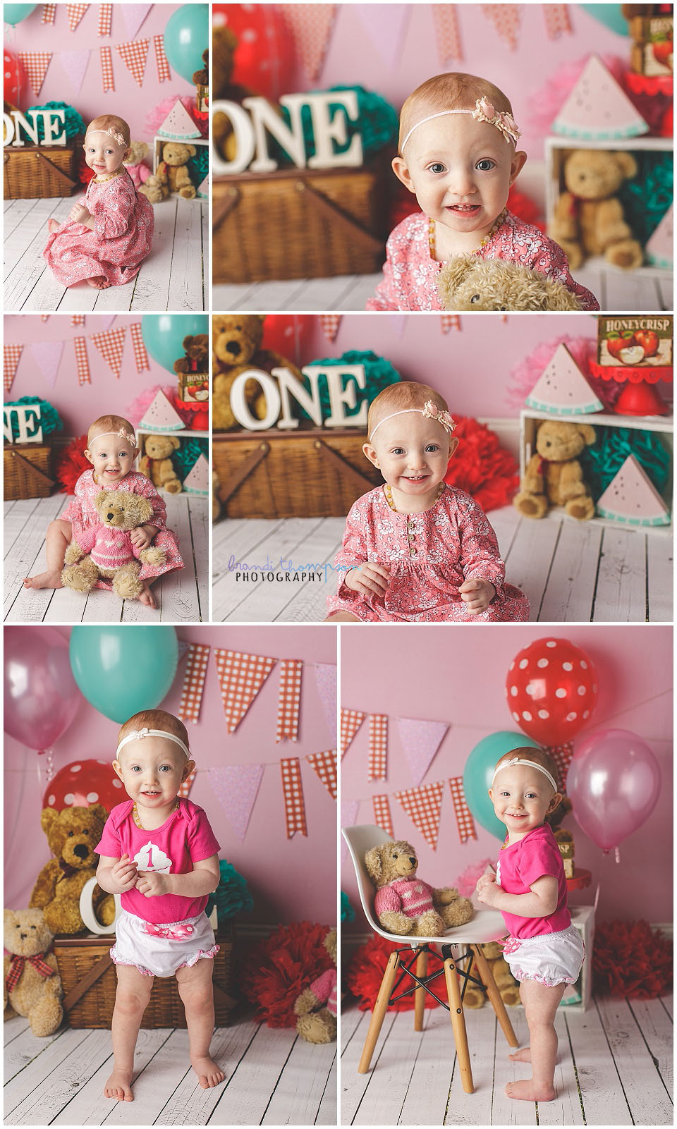 pink and red teddy bear picnic cake smash for baby girl in plano studio