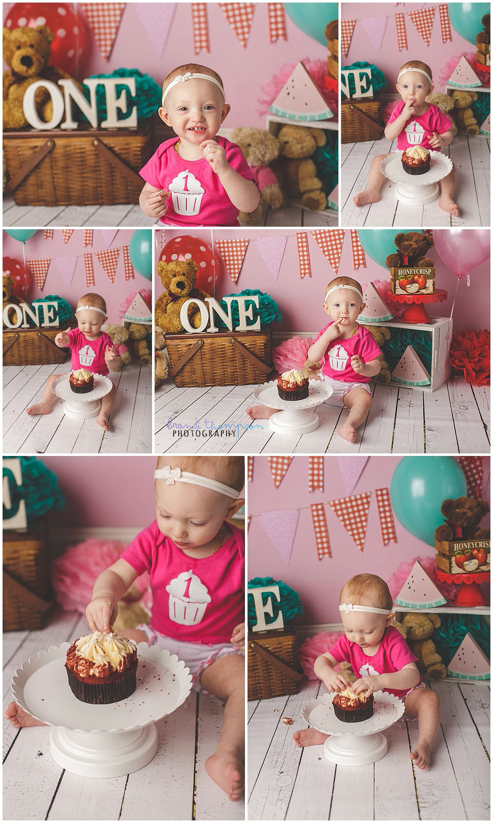 pink and red teddy bear picnic cake smash for baby girl in plano studio