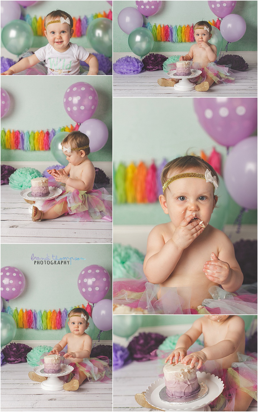 purple and mint first birthday cake smash in plano, tx studio