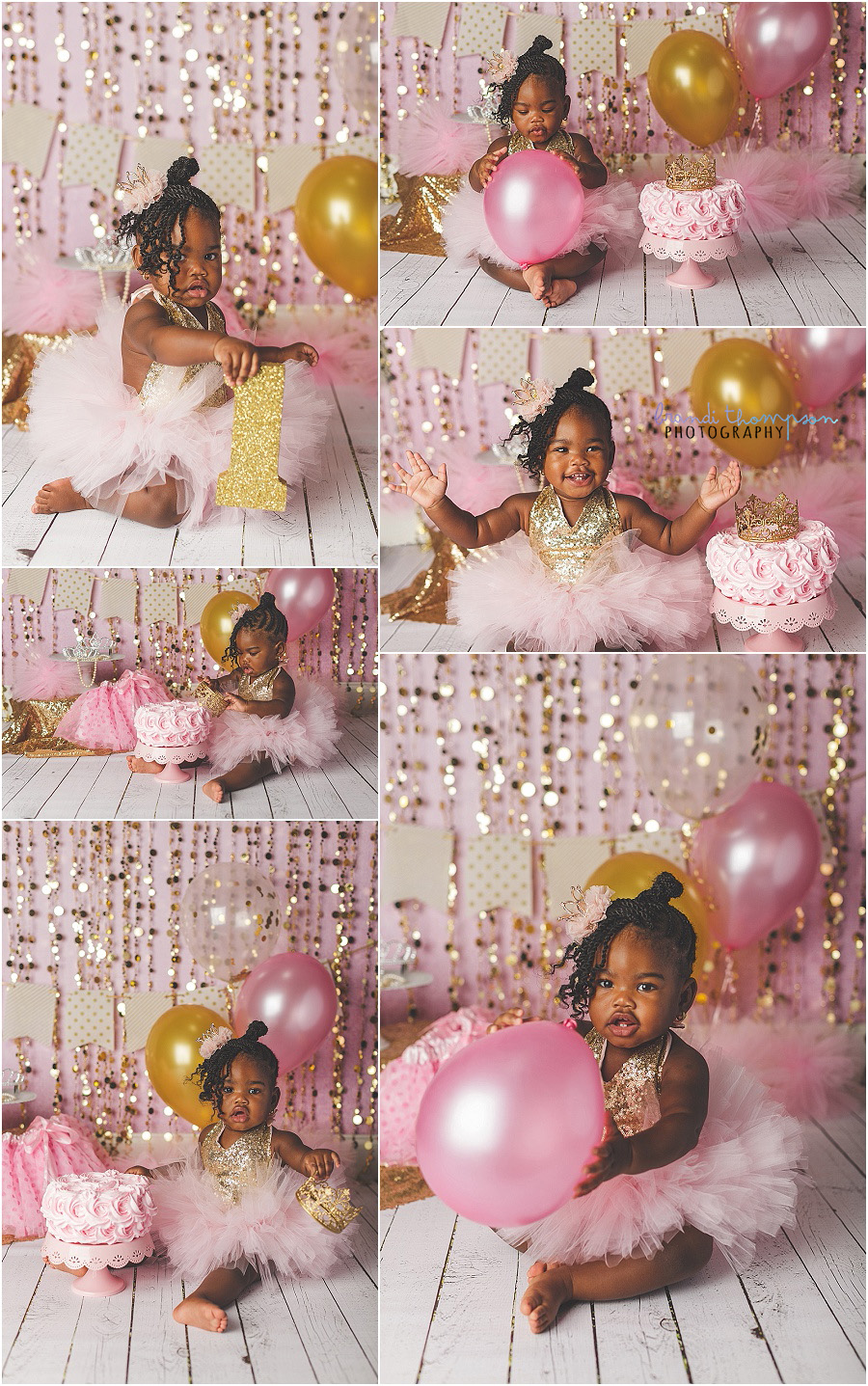 plano pink and gold cake smash session in studio