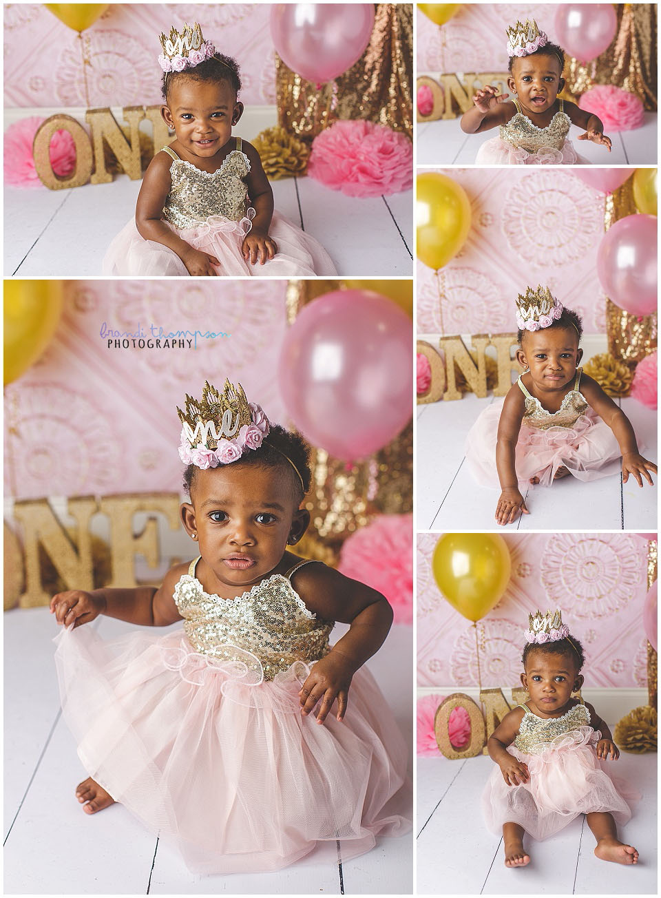 pink and gold first birthday cake smash session in studio with baby girl