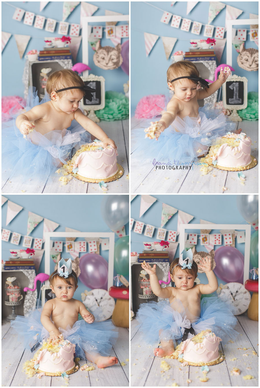 plano cake smash photographer, alice in wonderland cake smash