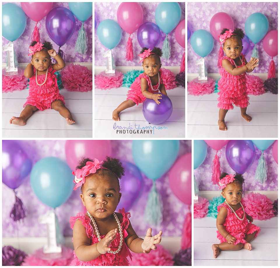 bright pink cake smash photography session in studio with one year old girl