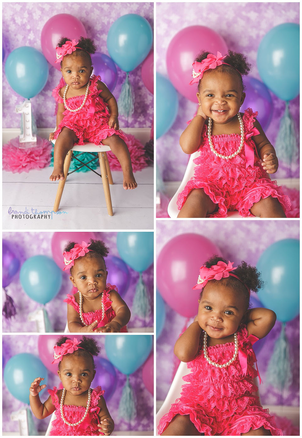 bright pink cake smash photography session in studio with one year old girl