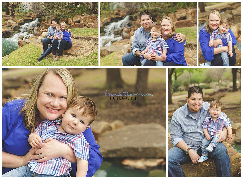 outdoor family photos in frisco park, with one year old baby boy, family dressed in shades of blue