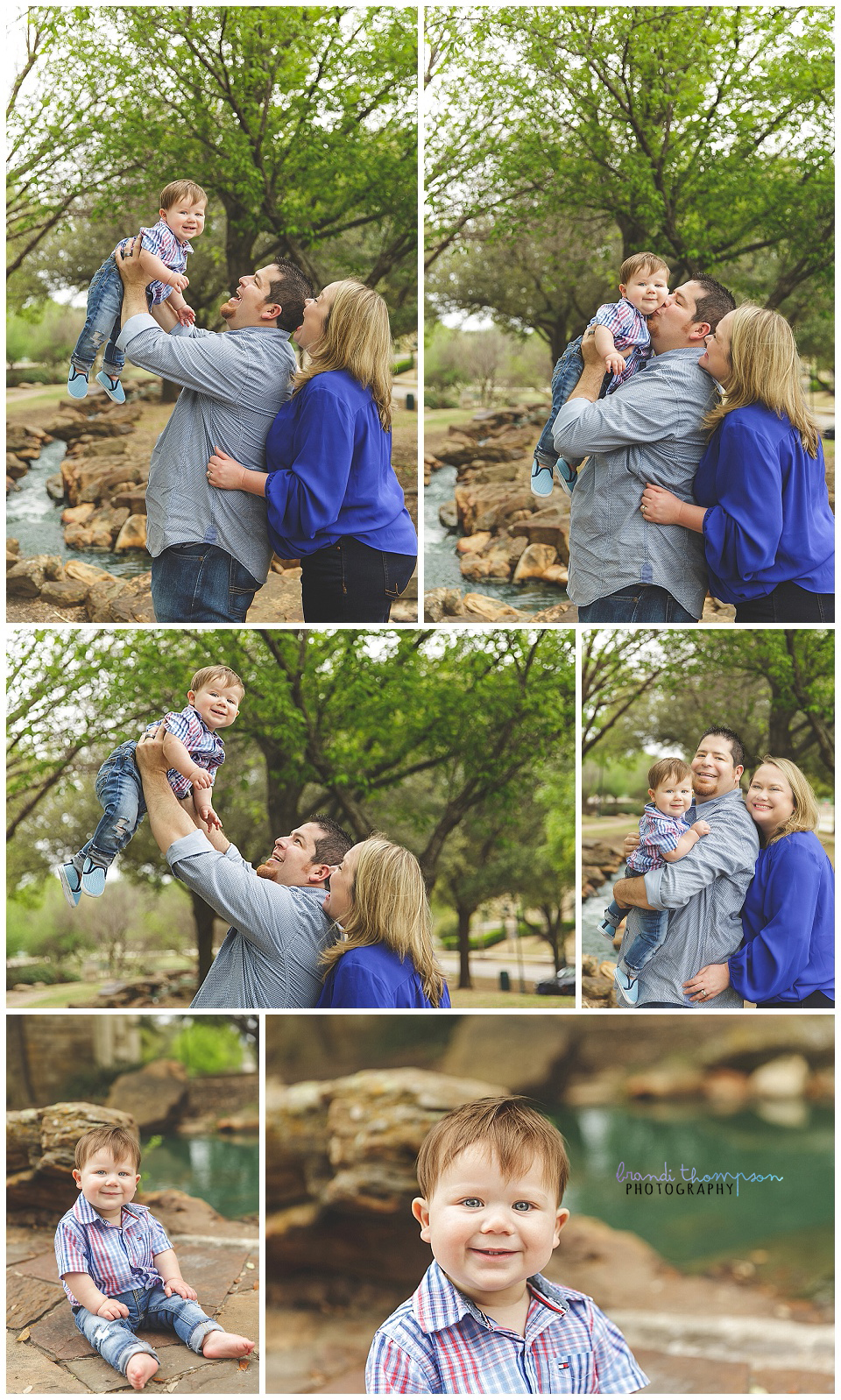 outdoor family photos in frisco park, with one year old baby boy, family dressed in shades of blue