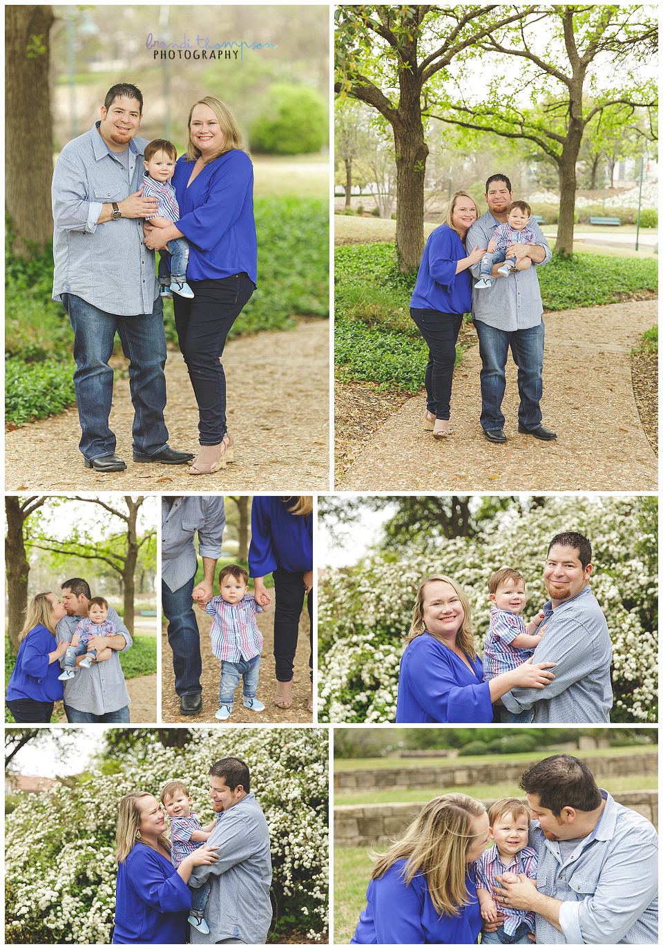 outdoor family photos in frisco park, with one year old baby boy, family dressed in shades of blue