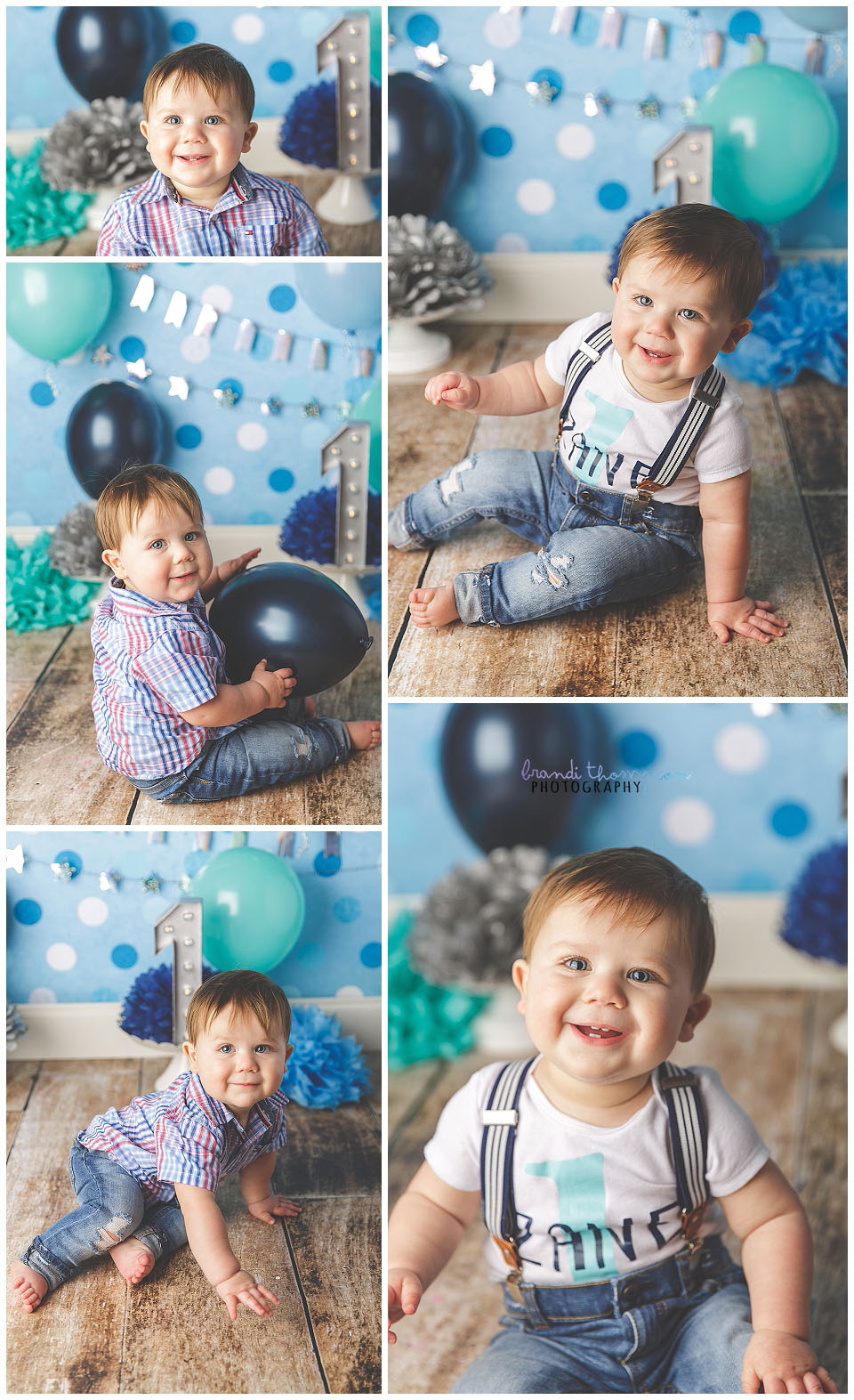 indoor photography studio cake smash for baby boy first birthday with various shades of blue