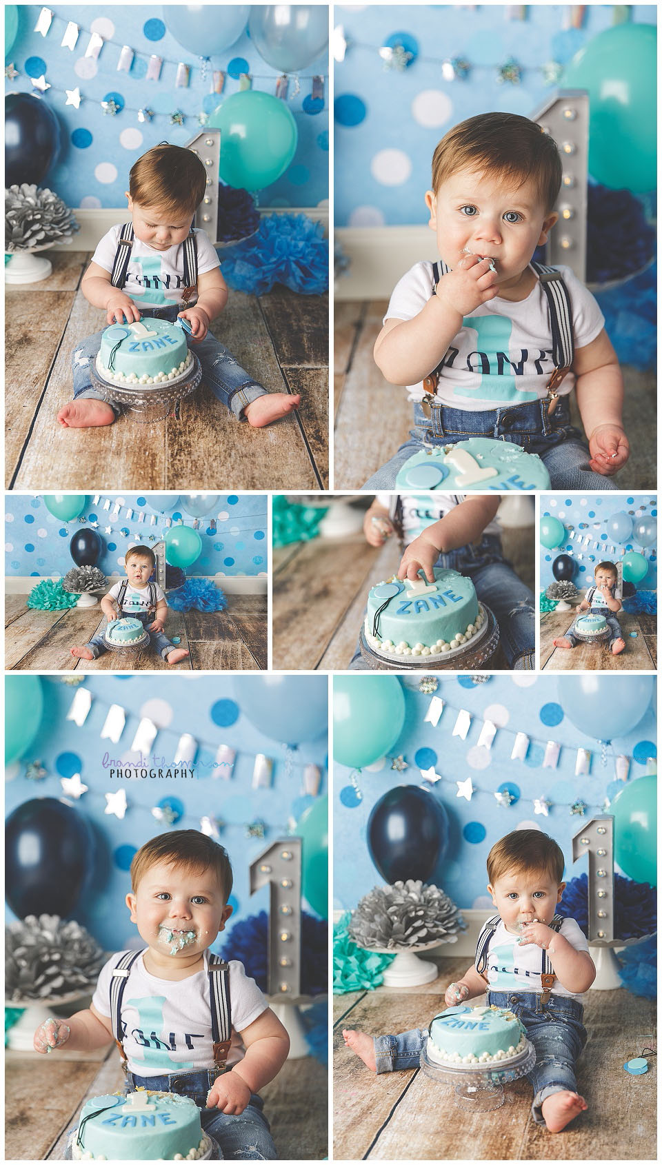 indoor photography studio cake smash for baby boy first birthday with various shades of blue