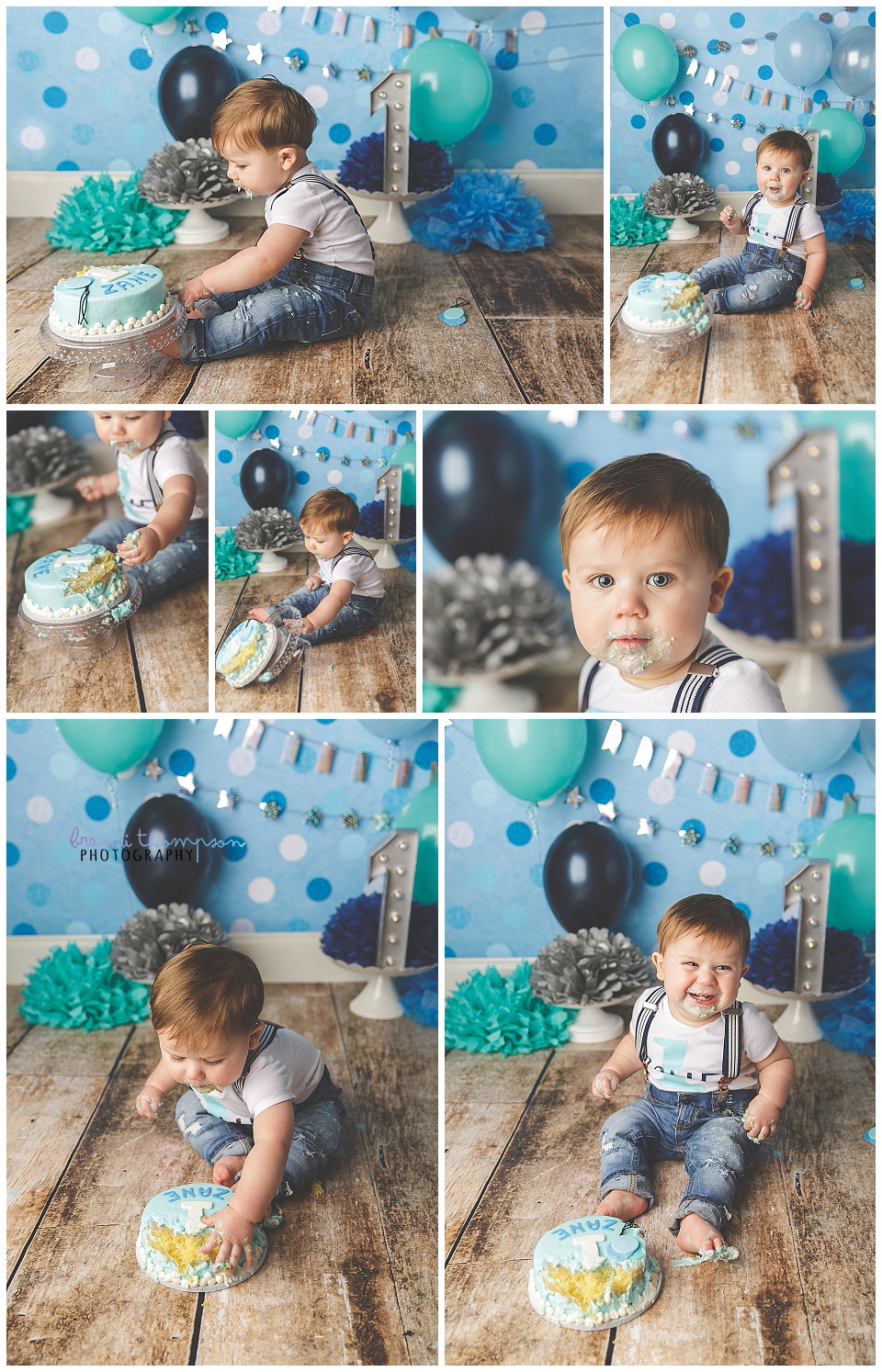 indoor photography studio cake smash for baby boy first birthday with various shades of blue
