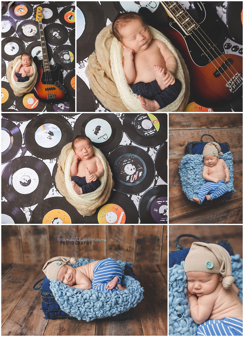 rock and roll music themed photos with a guitar and wood backdrop with a newborn baby boy in a plano, tx photography studio