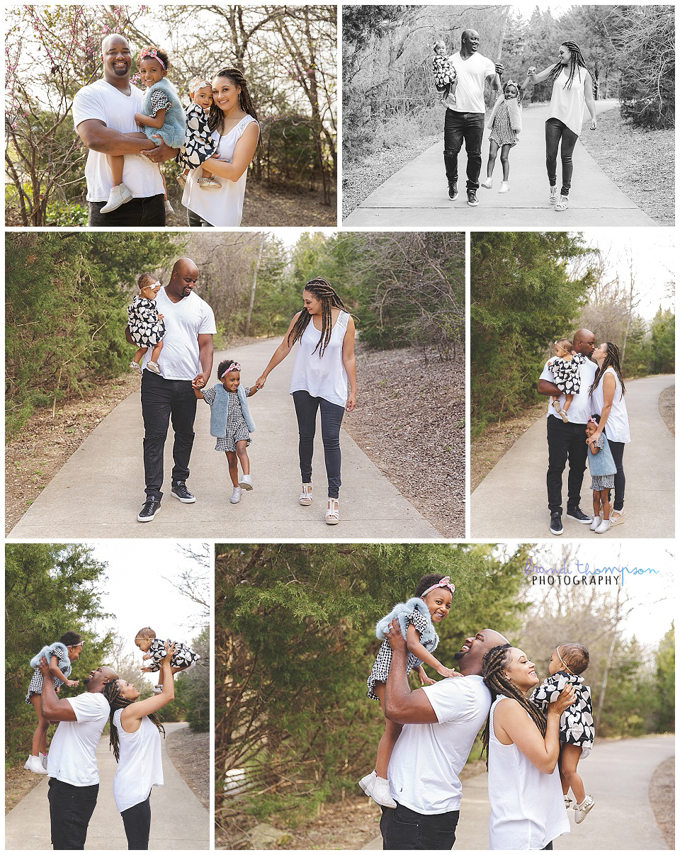 outdoor family photos during spring at Arbor Hills Nature Preserve in Plano, TX. Two baby girls with dad and mom.