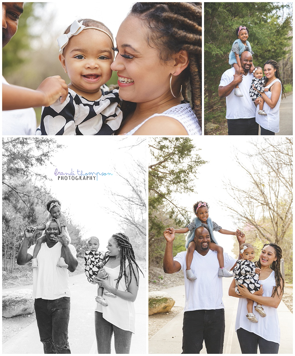 outdoor family photos during spring at Arbor Hills Nature Preserve in Plano, TX. Two baby girls with dad and mom.