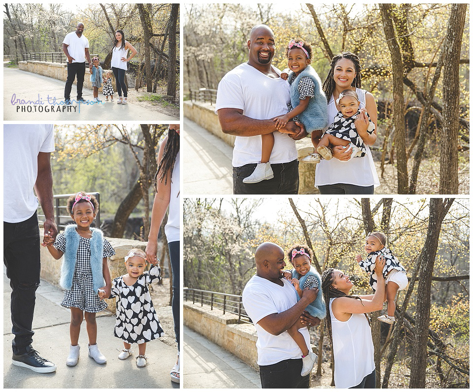 outdoor family photos during spring at Arbor Hills Nature Preserve in Plano, TX. Two baby girls with dad and mom.