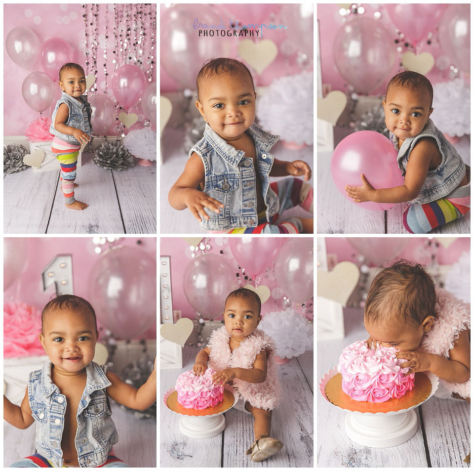 One year old baby girl with pink, white and silver cake smash set in plano, tx